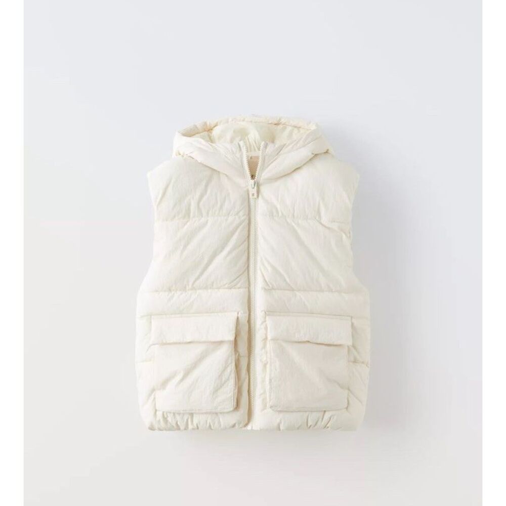 Zara Hooded Puffer‎ Vest Girls 13 14 Zara NWT Beige Streetwear Spring Gorpcore